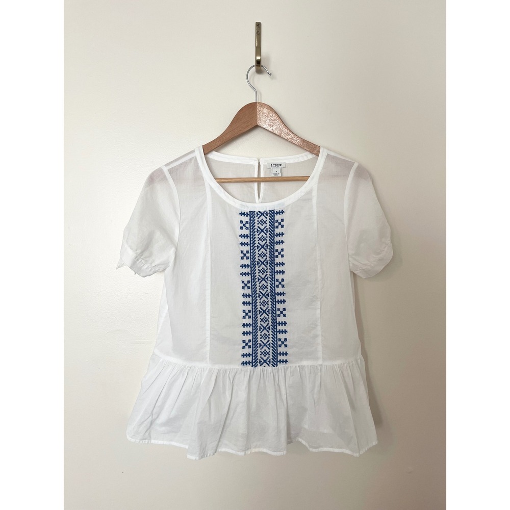J. Crew Factory White Peplum Blouse with Blue Embroidered Front
